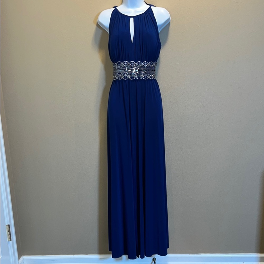 R&M Richards Women’s Elegant Blue Sequin Party Maxi Dress Silver Accents SZ 12